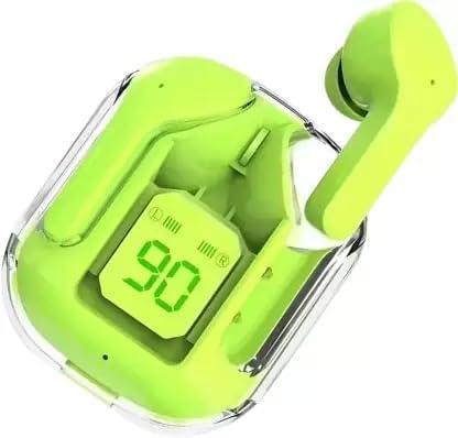 Waterproof Earbuds with Transparent Case 25 Hours Playtime Touch Control Auto Pairing LED Digital Display10mm Drivers 5.1v Bluetooth Type-C Charging (Clear Neon Green)