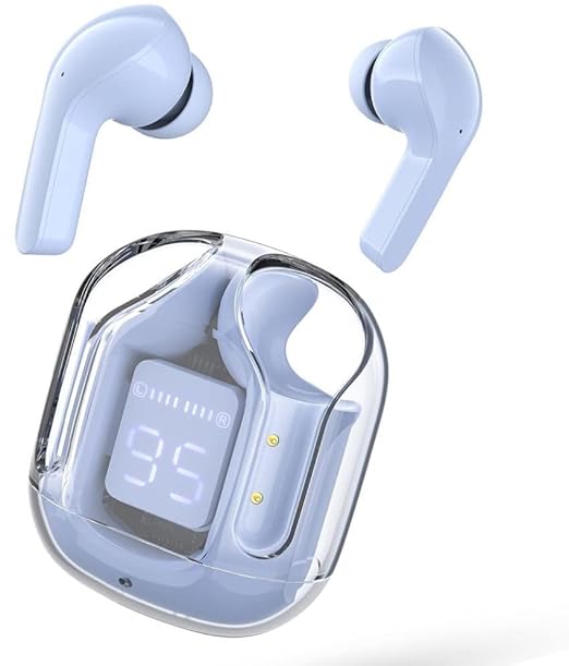 Waterproof Earbuds Power, Bluetooth with Display, Transparent Design, 30 Hrs Playtime with Fast Charging, Bluetooth 5.3 + ENC, 13mm HD BASS Drivers, IPX7 Sweat-Proof, Built-in Mic Blue